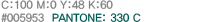 C:100 M:0 Y:48 K:60 #005953 PANTONE: 330 C