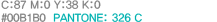 C:87 M:0 Y:38 K:0 #00B1B0 PANTONE: 326 C
